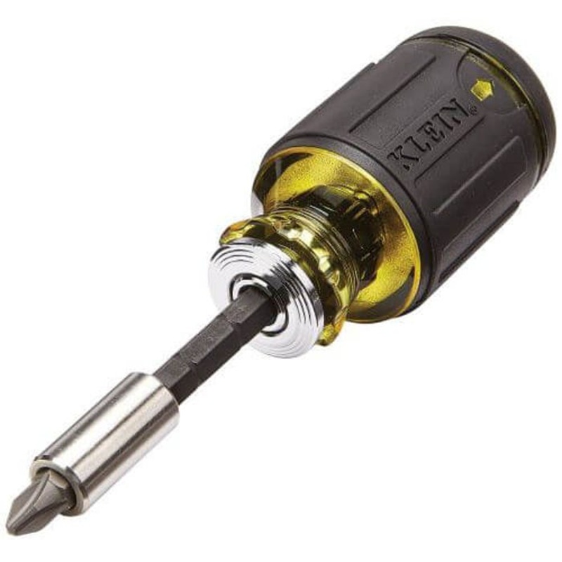 Klein 32308 8-in-1 Adjustable Length Stubby Multi-Bit Screwdriver, 1 pcs, #1 to #3, 3/16 to 1/4 in Range, Cushion Grip Handle, Stainless Steel