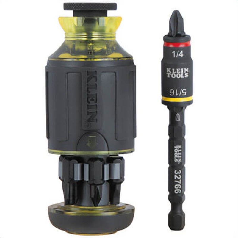 Klein 32308F 10-in-1 Impact-Rated Stubby Driver Set with Flip Socket, Magnetic, Steel Barrel, Yellow/Black, 10 pc