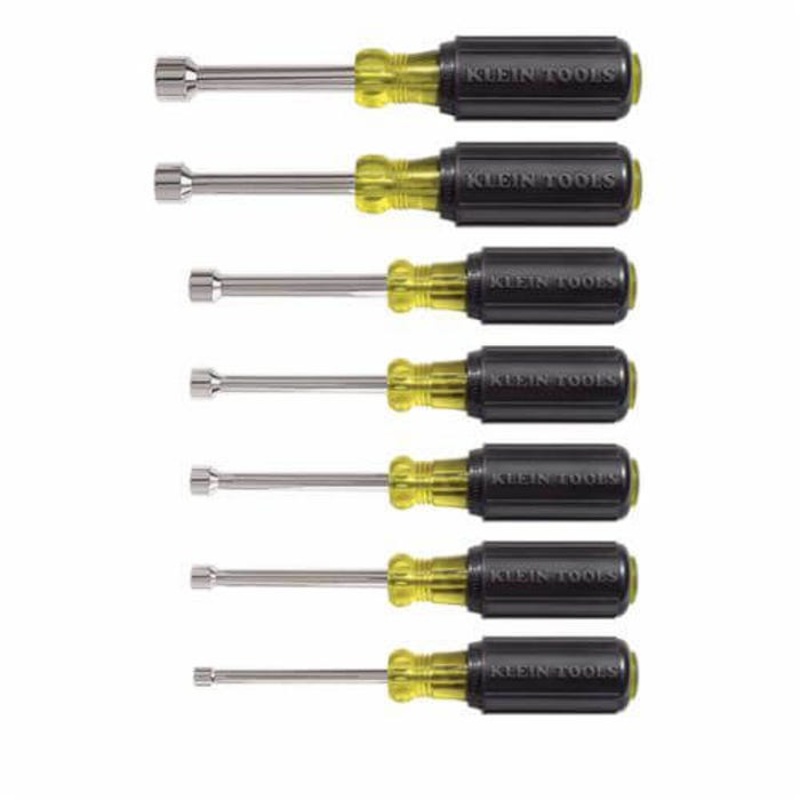 Klein 631 Nut Driver Set, 7 pc, 18-1/4 in OAL, Cushion Grip Handle, Steel, Polished Chrome