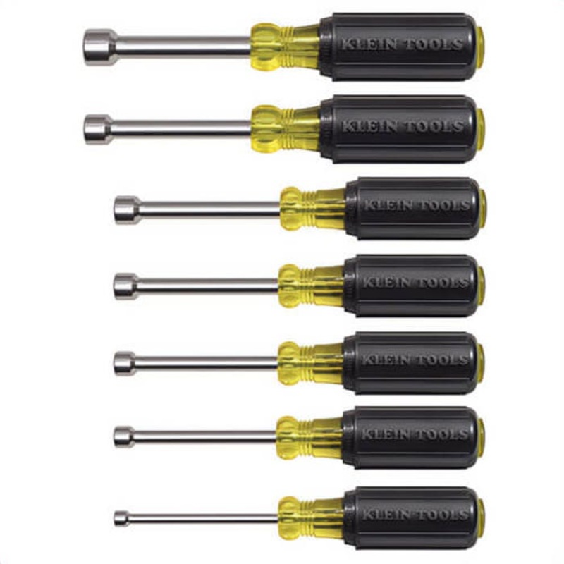 Klein 631M Magnetic Nut Driver Set, 3/16 to 1/2 in, 7 pcs, 6-3/4 to 7-5/16 in OAL, Cushion Grip Handle, Steel