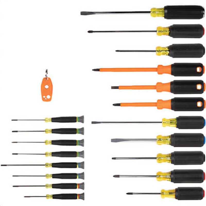 Klein 85820 Color-Coded Screwdriver Set, Non-Magnetic, Steel, 3 in to 7 in Shank, 20 pc
