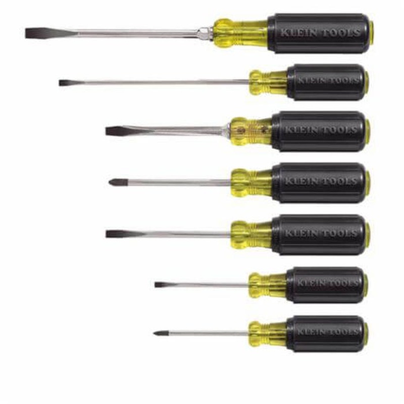 Klein Cushion-Grip 85076 Screwdriver Set, 7 pc, Steel/Acetate with Vinyl Grip Handle, Chrome Plated
