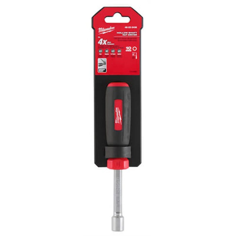 Milwaukee 48-22-2436 Nut Driver, 10 mm, Hex/Hollow Shank, Black/Red Cushion Grip Handle, Polished Chrome