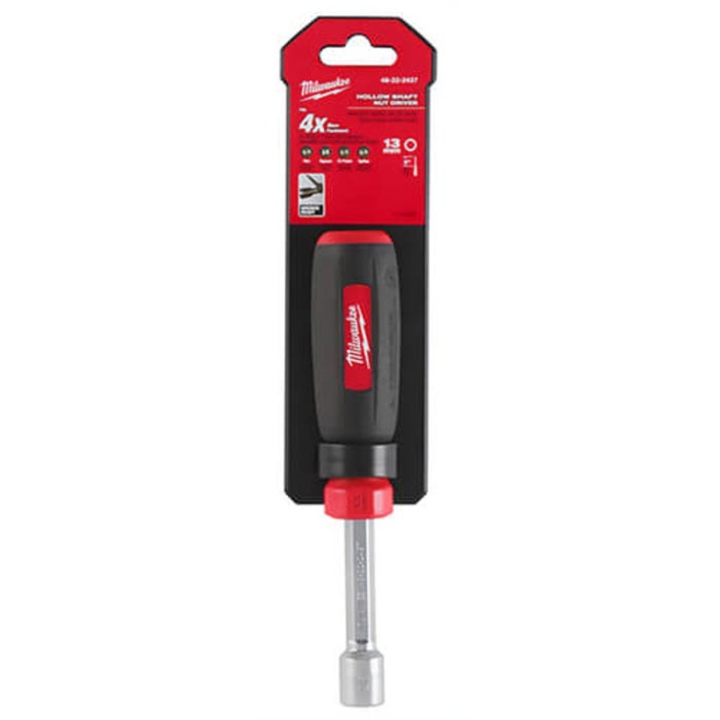 Milwaukee 48-22-2437 Nut Driver, 13 mm, Hex/Hollow Shank, Black/Red Cushion Grip Handle, Polished Chrome