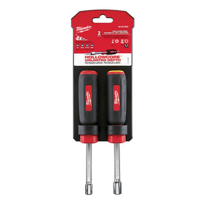 Milwaukee 48-22-2502 HollowCore Magnetic Nut Driver Set, 2 pc, 7 in OAL, Cushion Grip Handle, Steel, Polished Chrome