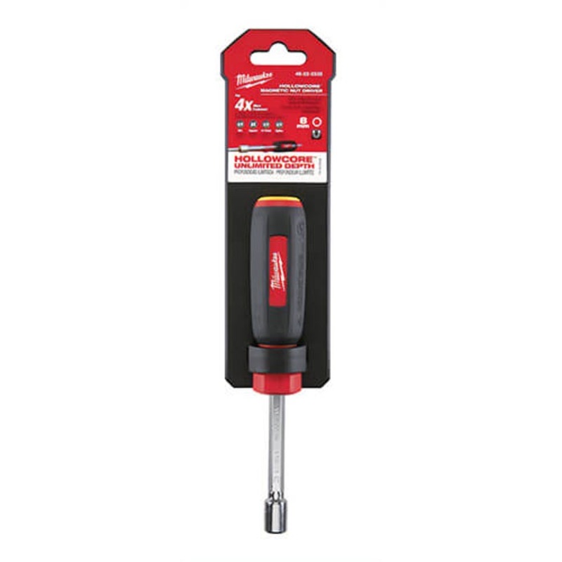 Milwaukee 48-22-2535 HollowCore Magnetic Nut Driver, 8 mm, Hex/Hollow Shank, Black/Red, Polished Chrome