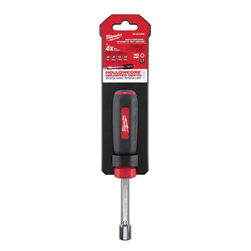Milwaukee 48-22-2536 HollowCore Magnetic Nut Driver, 10 mm, Hex Shank, Black/Red, Polished Chrome