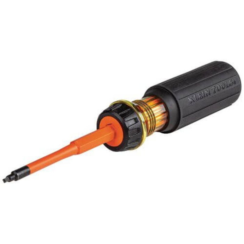 Klein 32287 2-in-1 Flip Blade Screwdriver, #1, #2 Range, Square Point, Cushion Grip Handle, Induction Hardened Steel, ASTM F1505