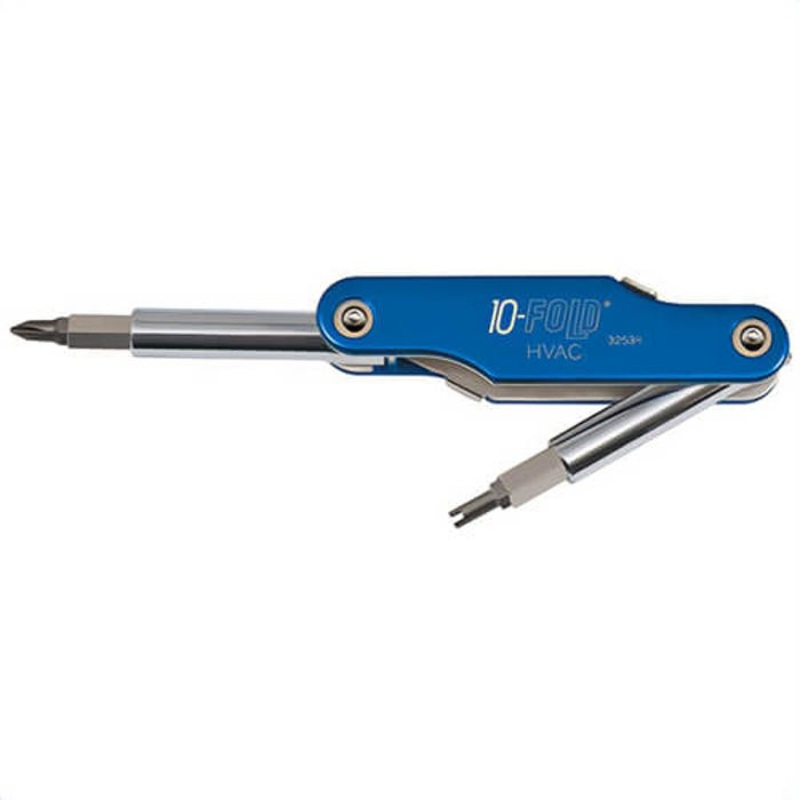 Klein 32534 Schrader 10-Fold Multi-Bit Screwdriver/Nut Driver, 10-in-1 Folding, Imperial, Slotted/Phillips/Square/Nut Driver Bit, Steel