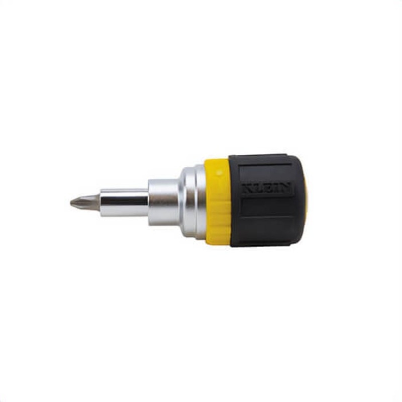 Klein 32593 6-in-1 Ratcheting Stubby Screwdriver, 4 pcs, Cushion Grip Handle, Steel