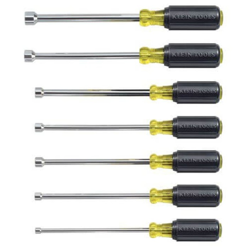 Klein 647 Hex Heavy Duty Nut Driver Set, 7 pcs, 10-1/4 in OAL, Cushion Grip Handle, Steel, Polished Chrome