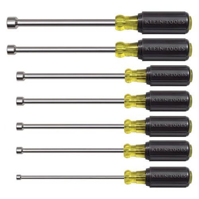 Klein 647M Magnetic Nut Driver Set, 7 pcs, 15-3/4 in OAL, Cushion Grip Handle, Steel, Polished Chrome, ASME Specified