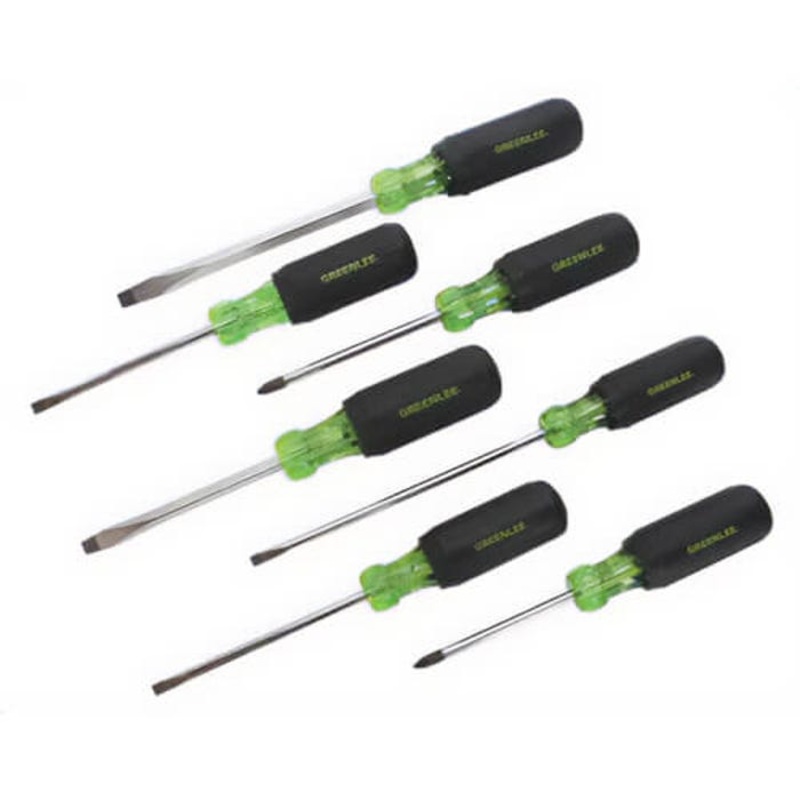 Greenlee 0153-02C Screwdriver Set, 7 pc, ASME Specified, Acetate Handle/Steel Shank, Polished Chrome Shank/Black Tipped