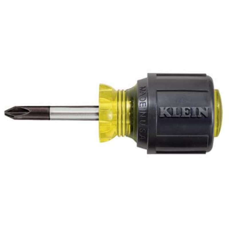 Klein Cushion-Grip 603-1 Stubby Screwdriver, #2 Phillips Point, Steel Shank, 3-7/16 in OAL, Rubber Handle, Polished Chrome