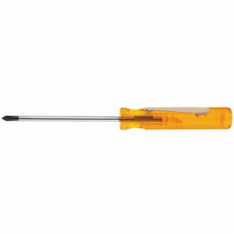 Klein P12 Screwdriver with Pocket Clip, #0 Phillips Point, Steel Shank, 5 in OAL, Plastic Handle, Polished Chrome/Black Oxide Tipped