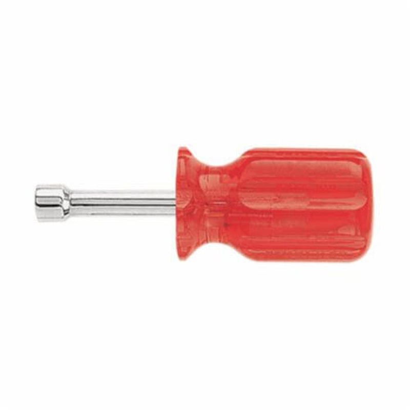 Klein SS8 Stubby Nut Driver, 1/4 in, Hollow/Round Shank, Red Smooth Comfordome Handle, ANSI/ASME Specified, Polished Chrome
