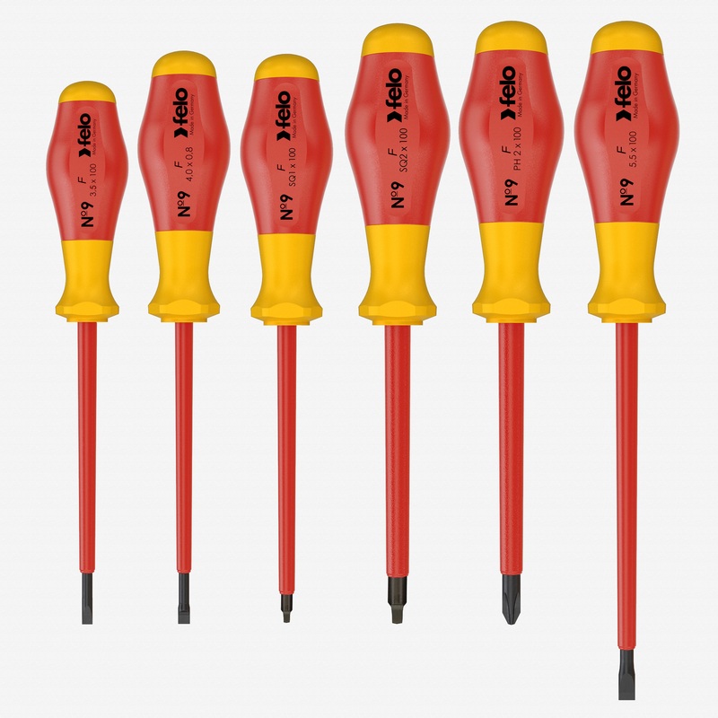 Felo No. 9 Slotted/Phillips/Square VDE Screwdriver Set, 6 Pieces