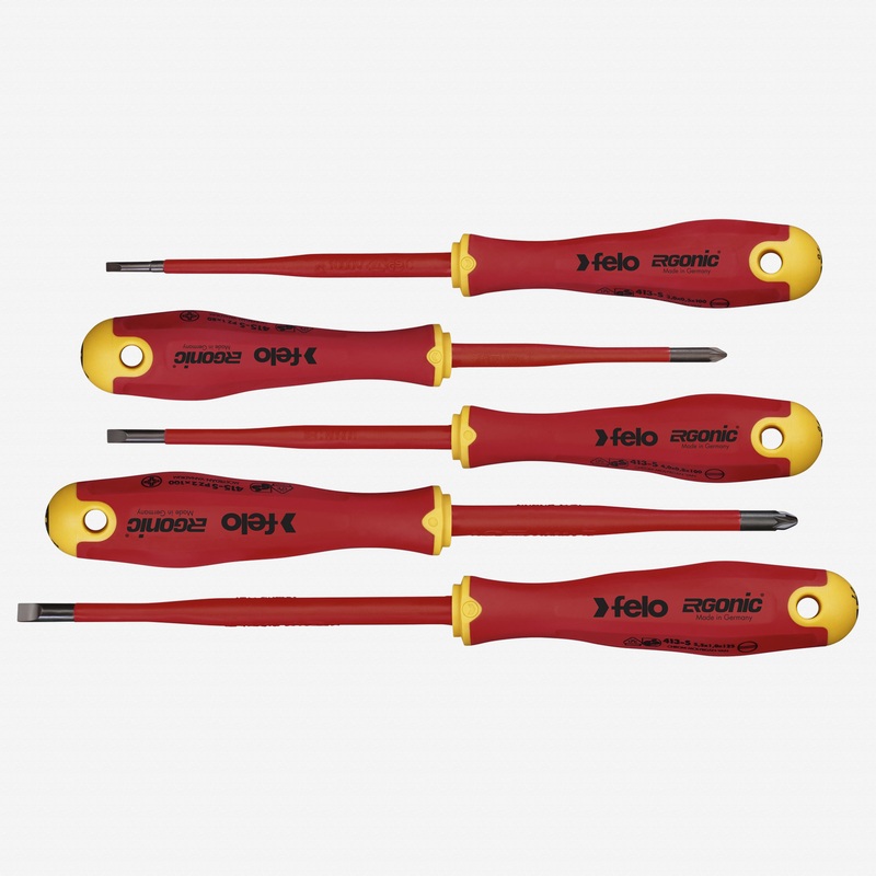 Felo Ergonic VDE E-slim Slotted and Pozidriv Screwdriver Set, 5 Pieces
