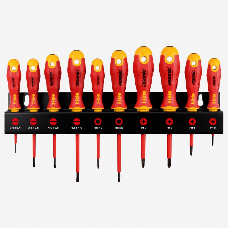 Felo Ergonic VDE SL/PH/PZ/TORX Screwdriver Set XL with Rack, 10 Pieces
