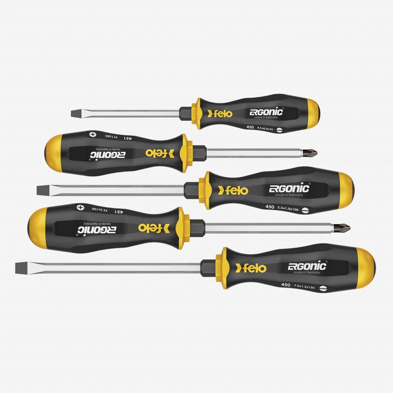 Felo Ergonic with Striking Cap Screwdriver Set, Slotted and Pozidriv, 5 Pieces