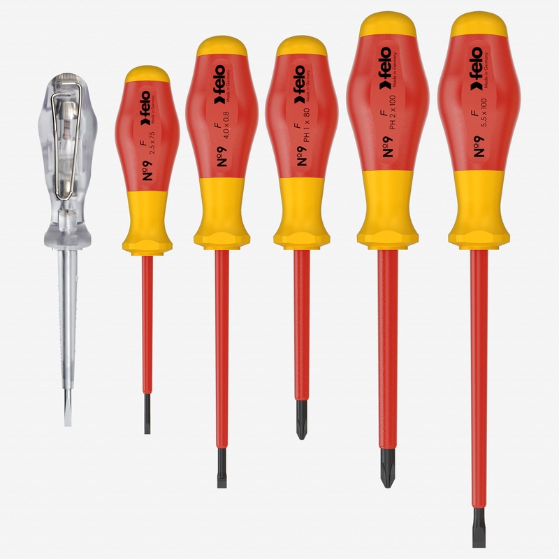 Felo VDE Insulated No. 9 Slotted/Phillips Screwdriver Set, 6 Pieces