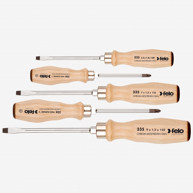 Felo Wood Handle Slotted & Pozidriv Screwdriver Set, 5 Pieces