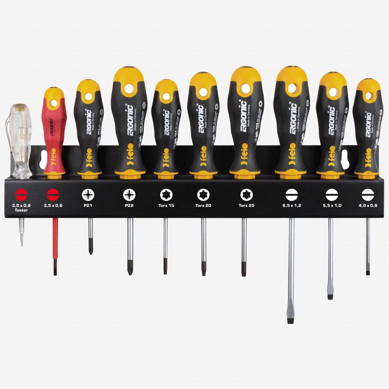 Felo Ergonic Slotted/Phillips/Torx Screwdriver Set XL with Rack, 10 Pieces