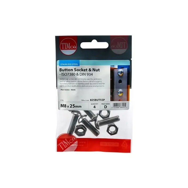 TIMCO Button Socket Screws ISO7380 A2 Stainless Steel - M8 x 25 - Pack of 4 Pieces