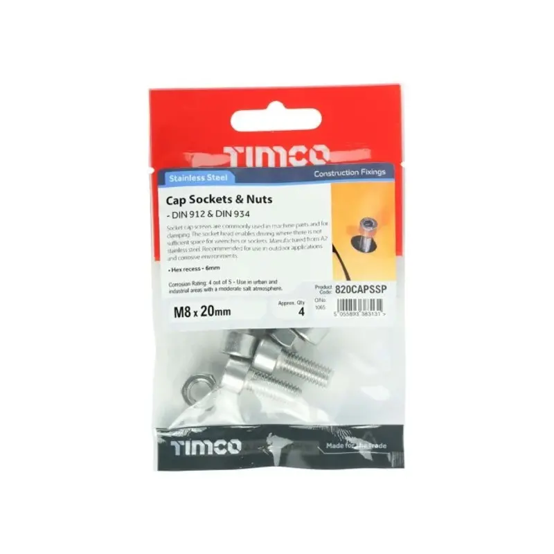 TIMCO Cap Socket Screws DIN912 A2 Stainless Steel - M8 x 20 - Pack of 4 Pieces