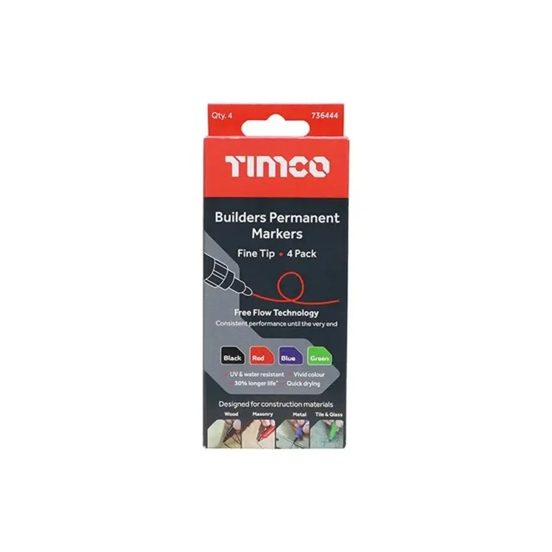 TIMCO Builders Permanent Markers Fine Tip Mixed Colours - Fine Tip - Pack of 4 Pieces