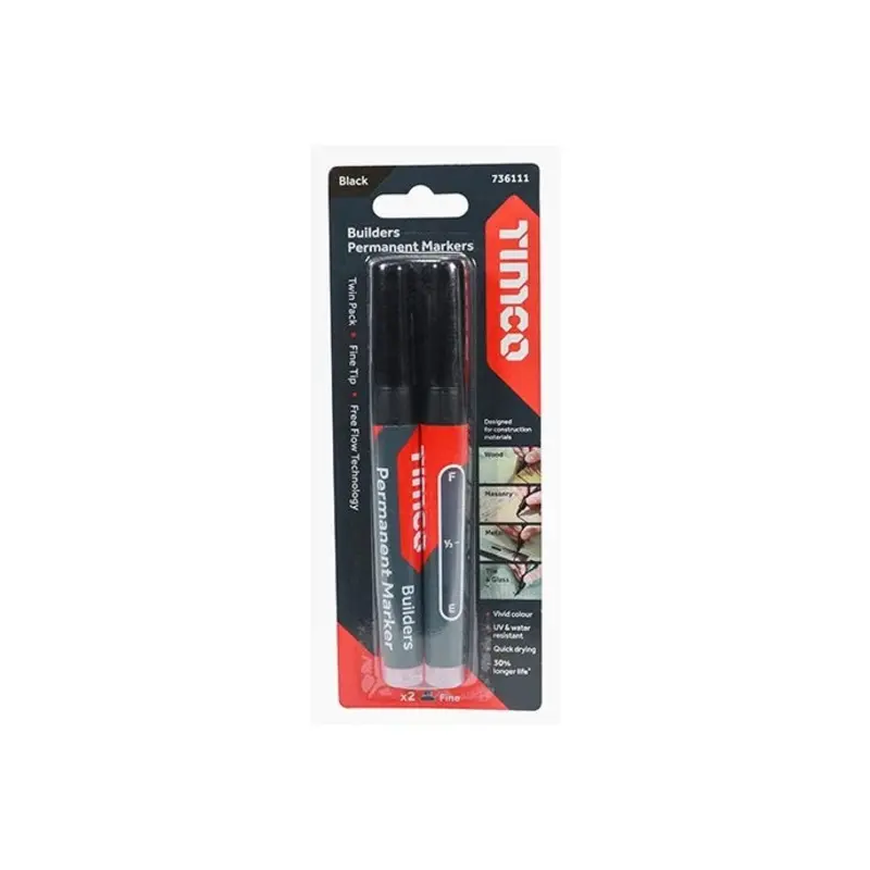 TIMCO Builders Permanent Markers Twin Pack Fine Tip Black - Fine Tip - Pack of 2 Pieces