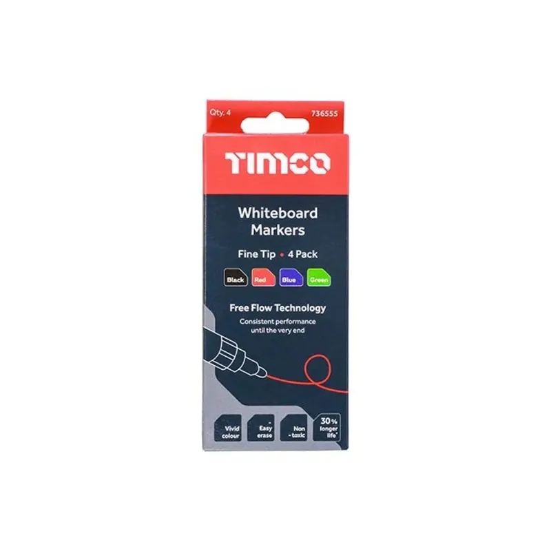 TIMCO Whiteboard Markers Fine Tip Mixed Colours - Fine Tip Four Pack - Pack of 4 Pieces