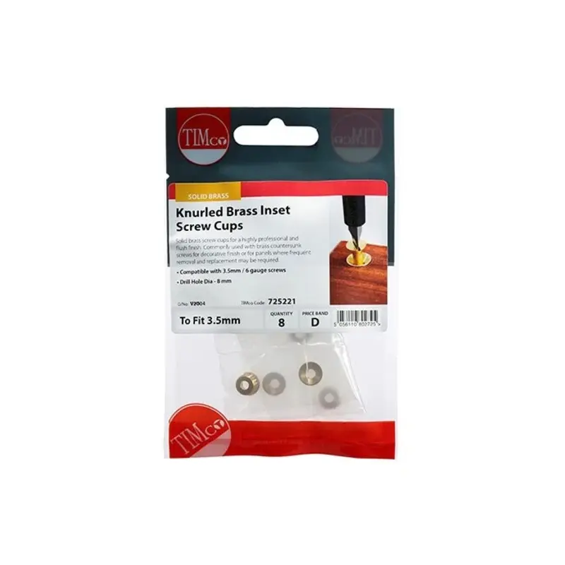 TIMCO Knurled Brass Inset Screw Cup - To fit 3.5 Screw - Pack of 8 Pieces