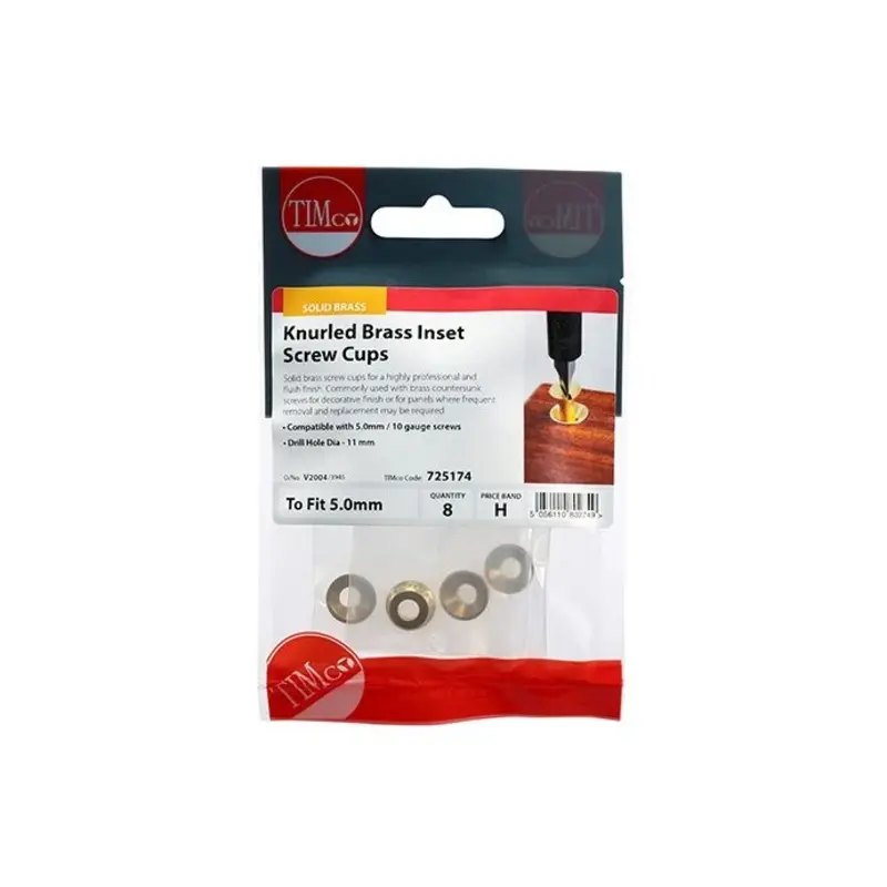 TIMCO Knurled Brass Inset Screw Cup - To fit 4.8, 5.0 Screw - Pack of 8 Pieces