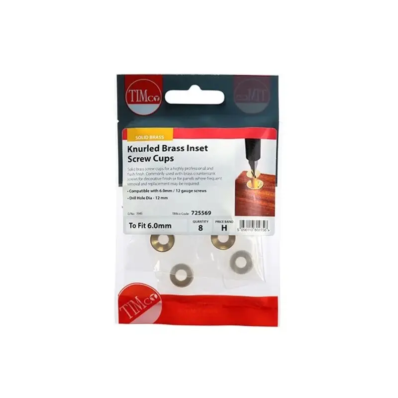 TIMCO Knurled Brass Inset Screw Cup - To fit 5.5, 6.0 Screw - Pack of 8 Pieces