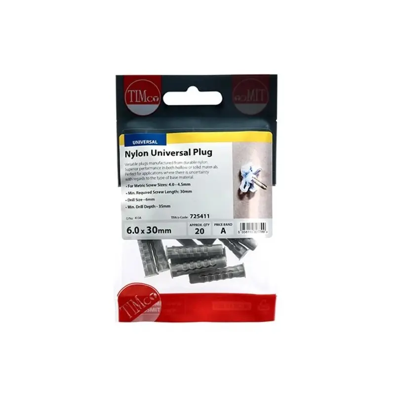 TIMCO Nylon Universal Plugs - 6.0 x 30 - Pack of 20 Pieces