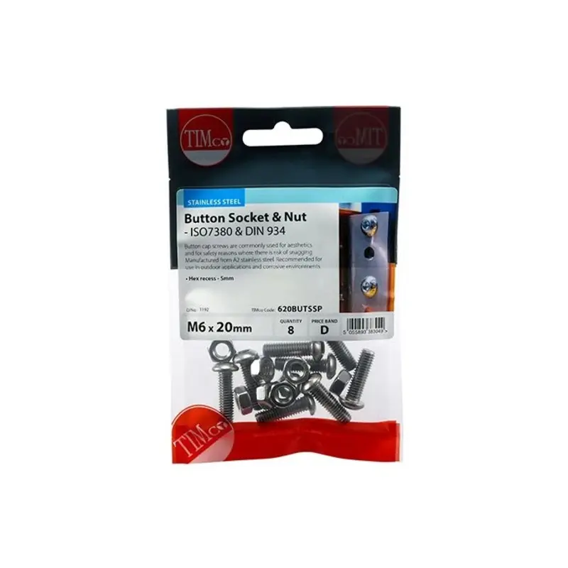 TIMCO Button Socket Screws ISO7380 A2 Stainless Steel - M6 x 20 - Pack of 8 Pieces