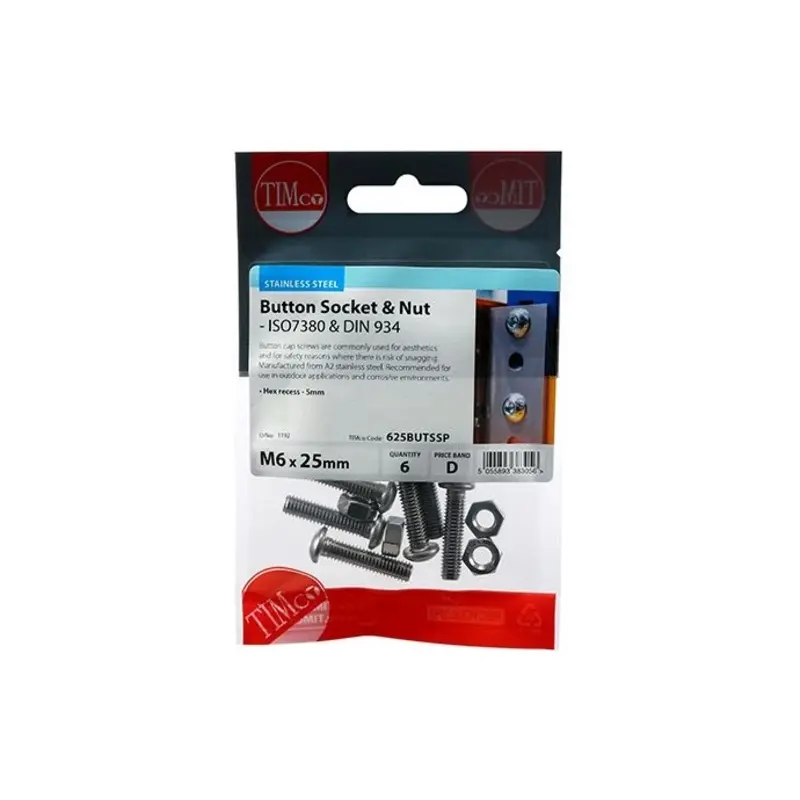 TIMCO Button Socket Screws ISO7380 A2 Stainless Steel - M6 x 25 - Pack of 6 Pieces