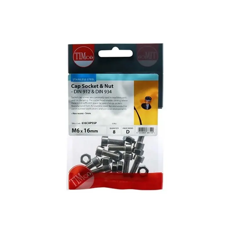 TIMCO Cap Socket Screws DIN912 A2 Stainless Steel - M6 x 16 - Pack of 8 Pieces