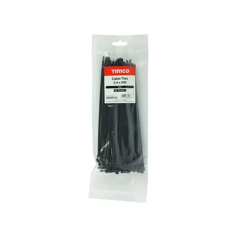 TIMCO Cable Ties Black - 3.6 x 200 - Pack of 100 Pieces