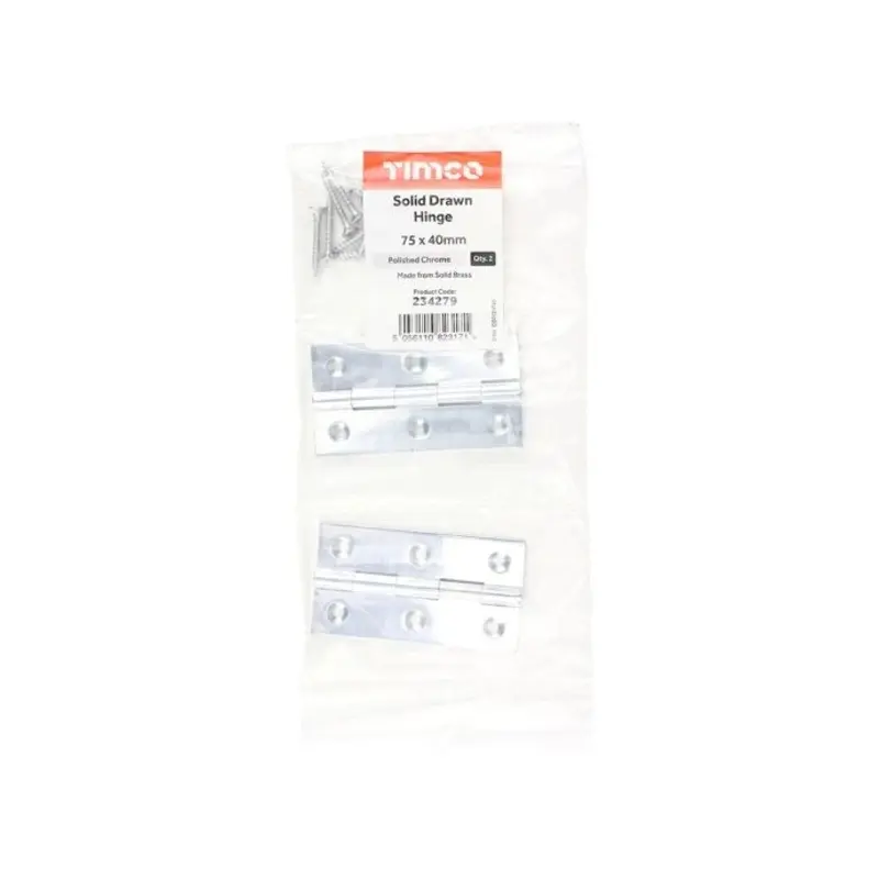 TIMCO Solid Drawn Brass Hinges Polished Chrome - 75 x 40 - Pack of 2 Pieces