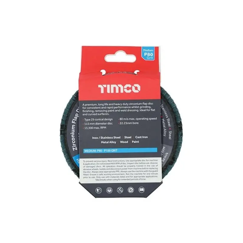 TIMCO Flap Disc Zirconium Type 29 Conical P80 Grit - 115 x 22.23