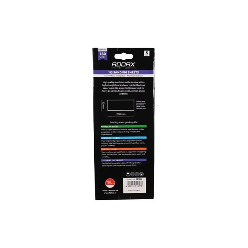 TIMCO 1/3 Sanding Sheets 180 Grit Red Unpunched - 93 x 230mm - Pack of 5 Pieces