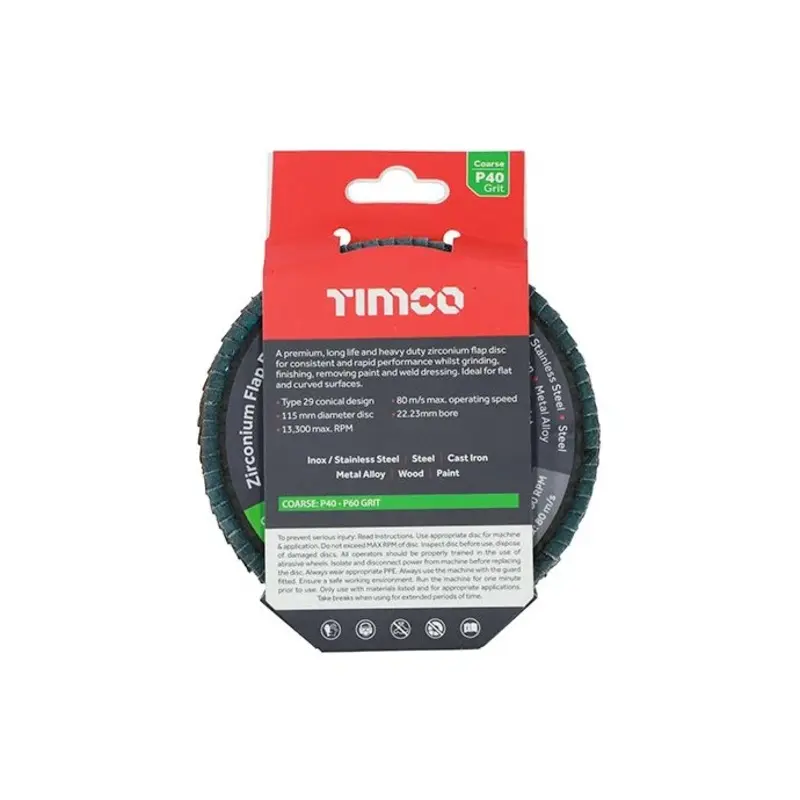 TIMCO Flap Disc Zirconium Type 29 Conical P40 Grit - 115 x 22.23