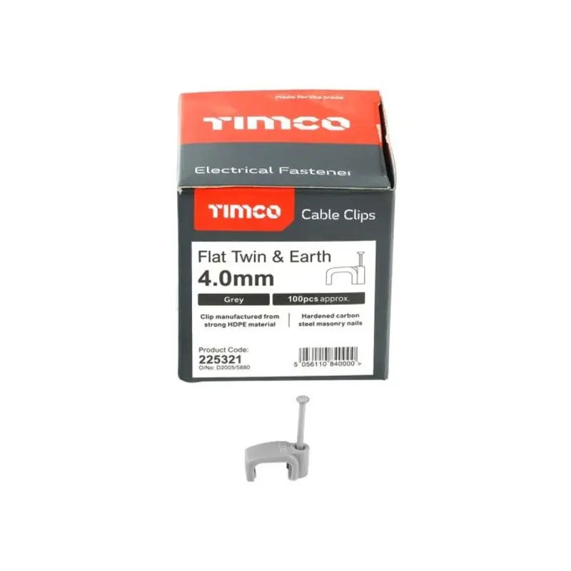 TIMCO Flat & Twin Cable Clips Grey - To fit 4.0mm - Pack of 100 Pieces