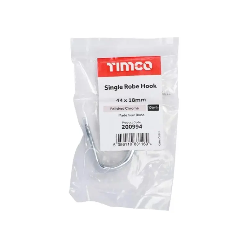 TIMCO Single Robe Hook Polished Chrome - 44 x 18mm