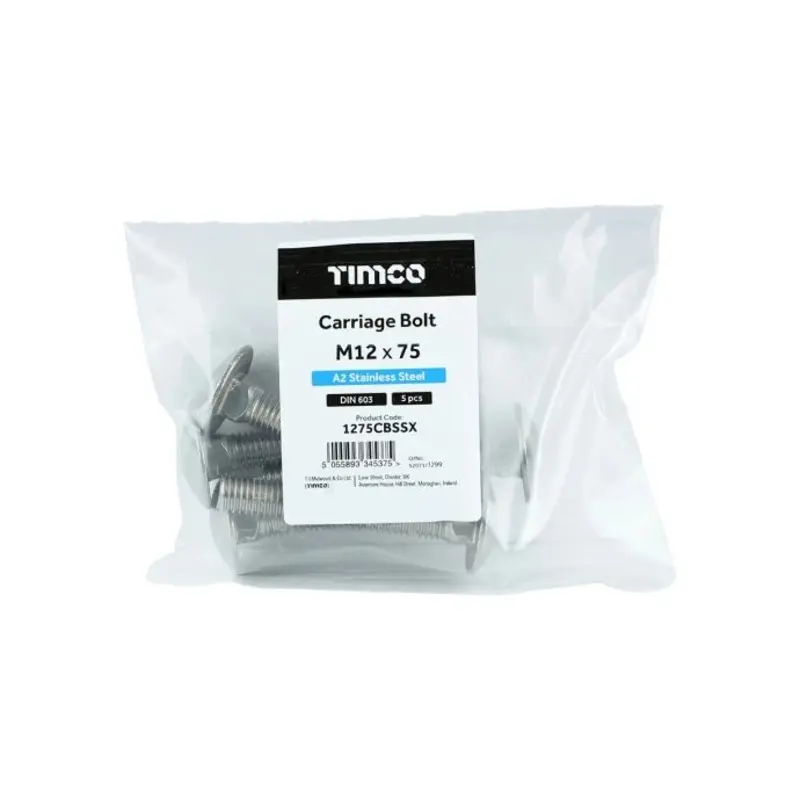 TIMCO Carriage Bolts DIN603 A2 Stainless Steel - M12 x 75 - Pack of 5 Pieces