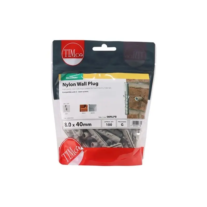 TIMCO Nylon Plugs - 8.0 x 40 - Pack of 100 Pieces