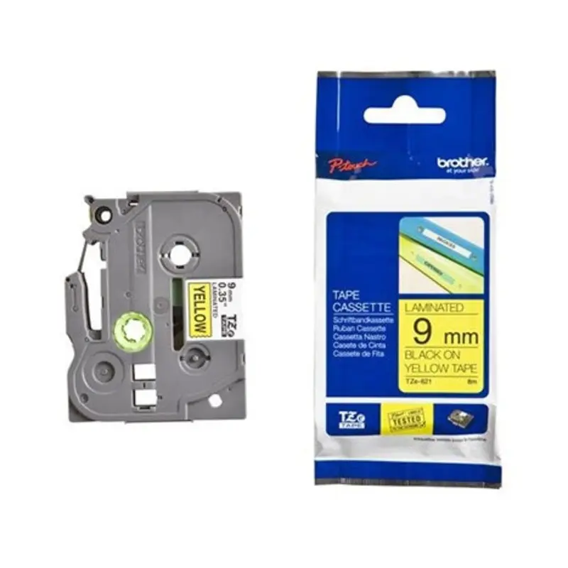 Brother 9MM X 8M TZ-621 P-Touch Tape Black On Yellow Lamin